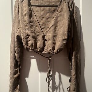 PrettyLittleThing Brown Textured Wrap Blouse